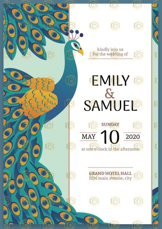Wedding Invitation Template Adorned With A Colorful Peacock Illustration